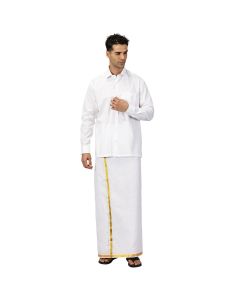 Men's Full Sleeve Shirt Cotton & Dhoti Gold Zari - Combo Set White