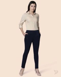 Twin Birds Women Solid Cotton Straight Pant Navy