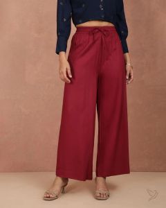 Twin Birds Women Wide Leg Palazzo Mehandi Maroon