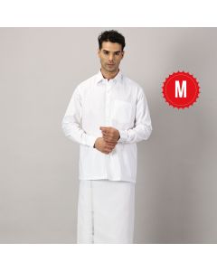 Men's Full Sleeve Shirt Cotton & Dhoti Silver Zari - Combo Set White-M