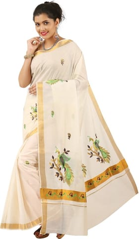 Printed, Embroidered Bollywood Cotton Blend Saree  (White)
