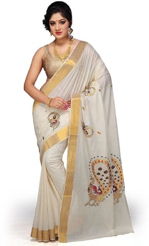 Printed Kasavu Cotton Blend Saree (White)