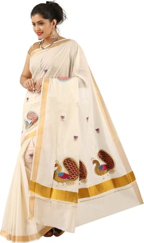 Embroidered Kasavu Cotton Blend Saree (White)