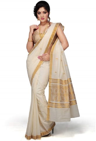 Solid Kasavu Cotton Blend Saree (White)