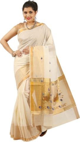 Self Design, Embroidered Fashion Cotton Blend Saree (Beige)