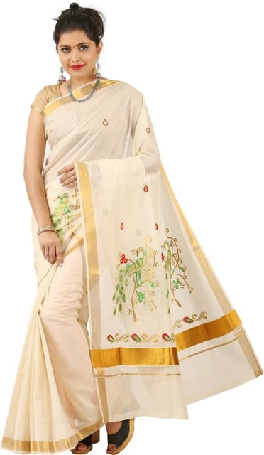 Printed, Embroidered Bollywood Cotton Blend Saree (Cream)