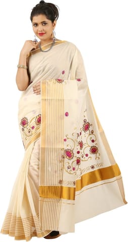 Embroidered Kasavu Cotton Blend Saree (Beige)