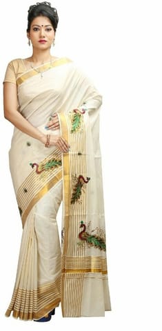 Solid Balarampuram Handloom Cotton Blend Saree (Gold, White)