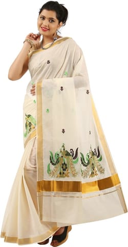 Printed, Embroidered Bollywood Cotton Blend Saree (Beige)