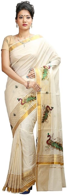 Striped, Solid Balarampuram Handloom Cotton Blend Saree (Gold, Cream)