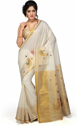 Solid Balarampuram Handloom Cotton Blend Saree (White)