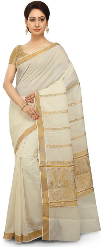 Solid Kasavu Cotton Blend Saree (Beige)