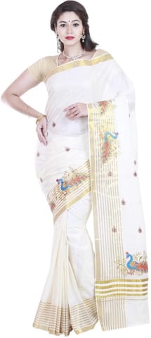 Printed, Striped Kasavu Handloom Cotton Blend Saree (White)