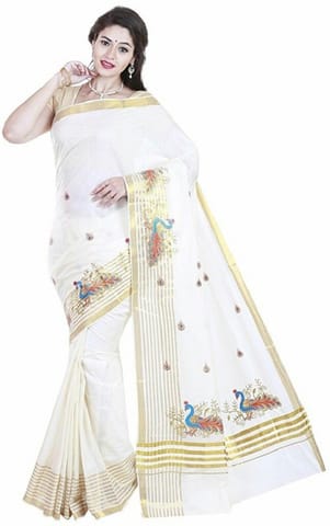 Embroidered, Woven Kasavu Handloom Cotton Blend Saree (White)