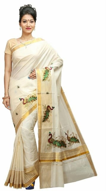 Self Design, Striped, Embroidered Fashion Cotton Blend Saree (White, Gold, Beige)