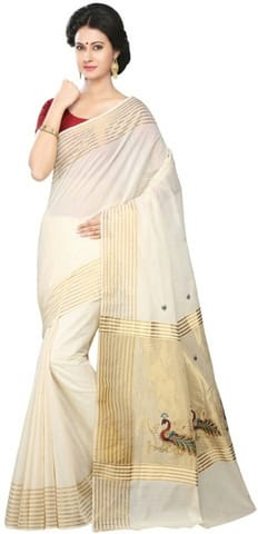 Embroidered Fashion Cotton Blend Saree (White)