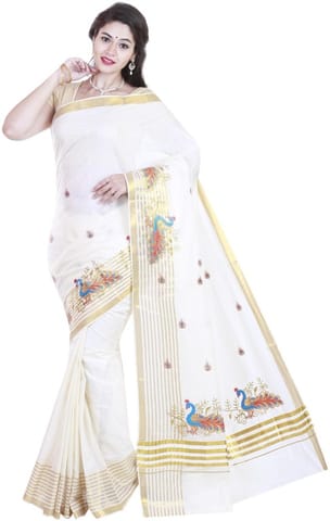 Embroidered Kasavu Handloom Cotton Blend Saree (White)