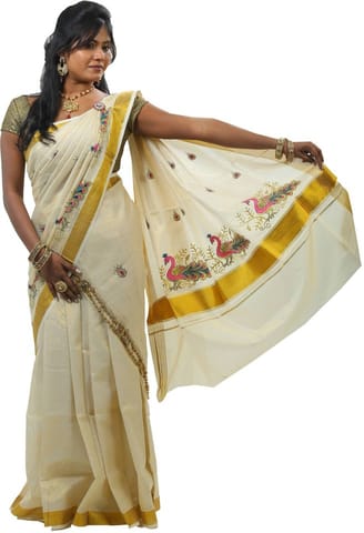 Embroidered Fashion Cotton Blend Saree (White)