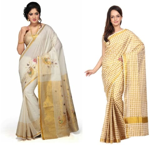 Checkered Kasavu Tussar Silk, Cotton Blend Saree (Pack of 2, White, Cream)