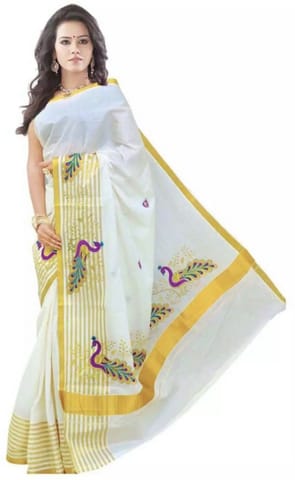 Embroidered Fashion Cotton Blend Saree (White)