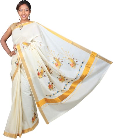 Embroidered Fashion Cotton Blend Saree (White)