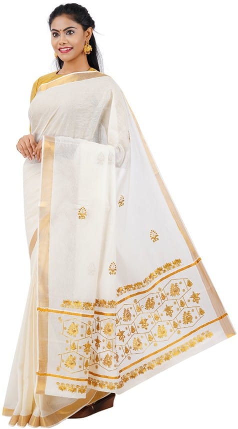 Printed Kasavu Cotton Blend Saree (Beige)