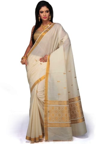 Self Design Fashion Cotton Blend Saree (White)