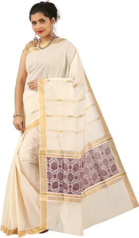 Self Design Fashion Cotton Blend Saree (Beige)