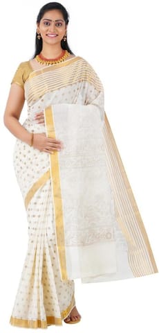 Printed Kasavu Pure Cotton Saree (Gold)