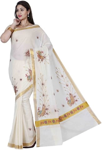Embroidered, Woven Balarampuram Handloom Cotton Blend Saree (White)