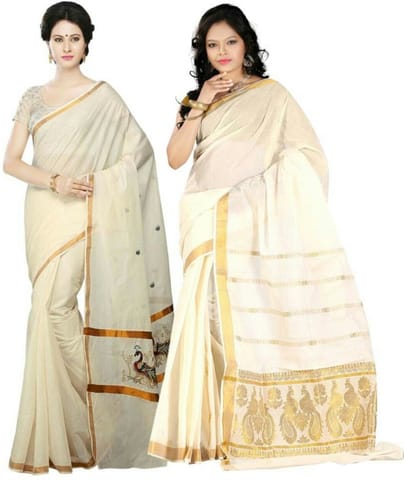 Solid Balarampuram Handloom Cotton Blend Saree (Pack of 2, Gold)