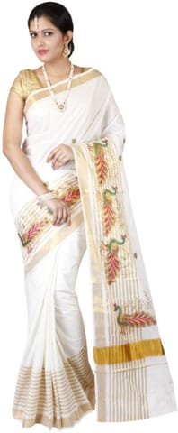 Embroidered Fashion Cotton Blend Saree (White)