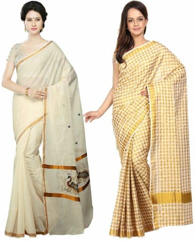 Solid Balarampuram Handloom Cotton Blend Saree (Pack of 2, Gold)