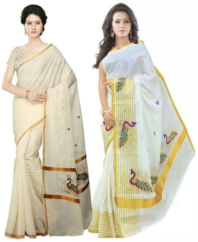 Solid Balarampuram Handloom Cotton Blend Saree (Pack of 2, Gold)