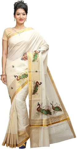 Embroidered Balarampuram Handloom Cotton Blend Saree (White)