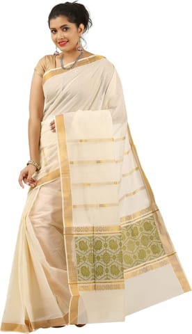 Self Design Kasavu Cotton Blend Saree (White)