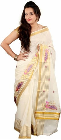 Printed, Striped Kasavu Handloom Cotton Blend Saree (Beige)