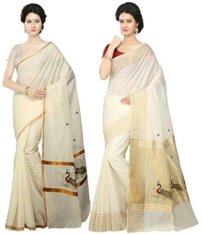 Solid Balarampuram Handloom Cotton Blend Saree (Pack of 2, Gold)