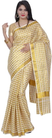 Checkered Fashion Cotton Blend Saree (Yellow)