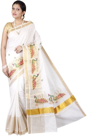 Self Design, Striped Kasavu Handloom Cotton Blend Saree (White)