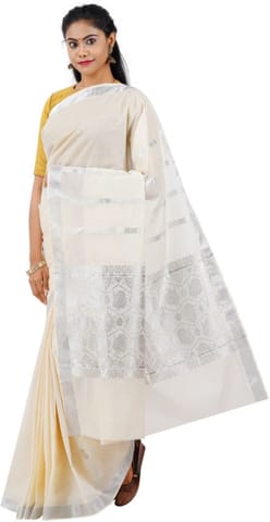 Printed Kasavu Cotton Blend Saree (Silver)