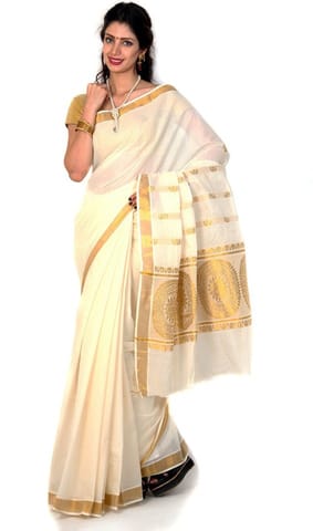 Self Design Fashion Cotton Blend Saree (White)