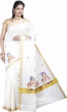 Printed Kasavu Cotton Blend Saree (White)