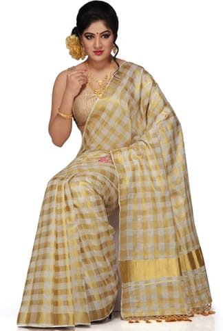 Checkered Fashion Cotton Blend Saree (Yellow)