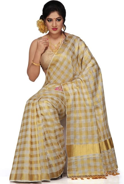 Checkered Fashion Cotton Blend Saree (Yellow)