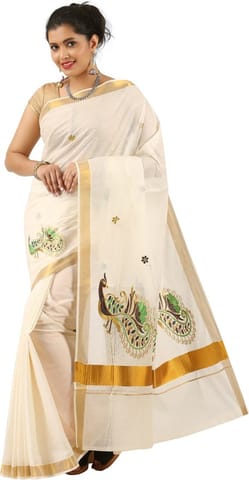 Printed, Embroidered Bollywood Cotton Blend Saree (White)