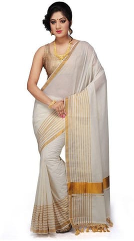 Striped Fashion Cotton Blend Saree (White)