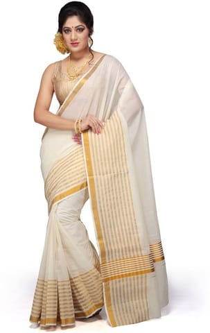 Striped Fashion Cotton Blend Saree (White)