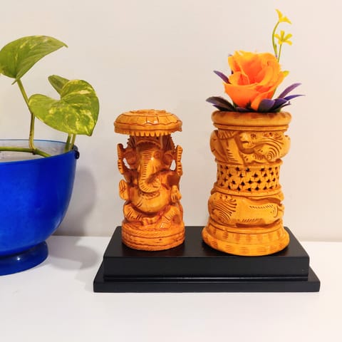 Wooden Ganesha Statue Plus Pen Stand or Flower Holder / Pen Holder Flower vase Desk Organizers Showpiece for Office and Home Decor Corporate Gift