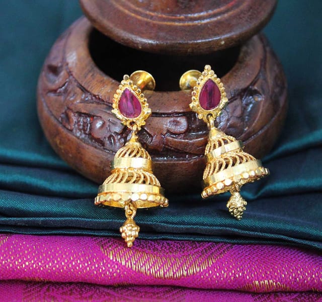 S L GOLD 1 Gram Micro Plated Red stone Jhumki Design Earring